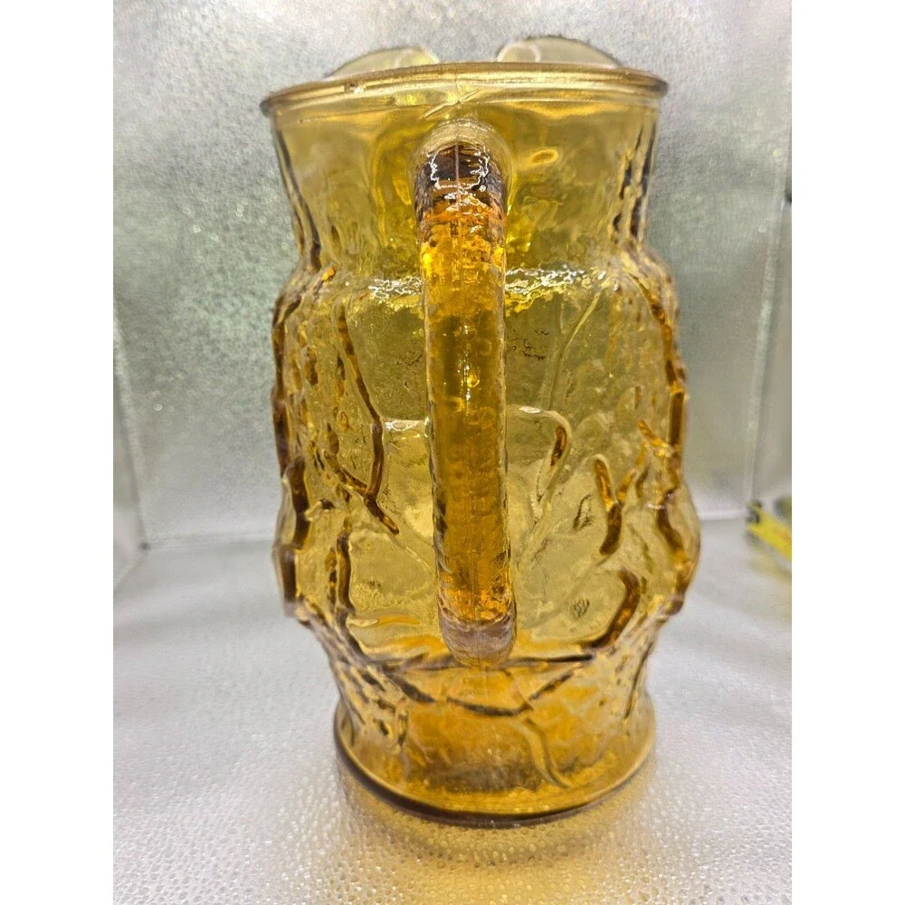 Vintage Amber Glass Pitcher, Embossed Sunflower Floral Pattern with Ice Lip,8